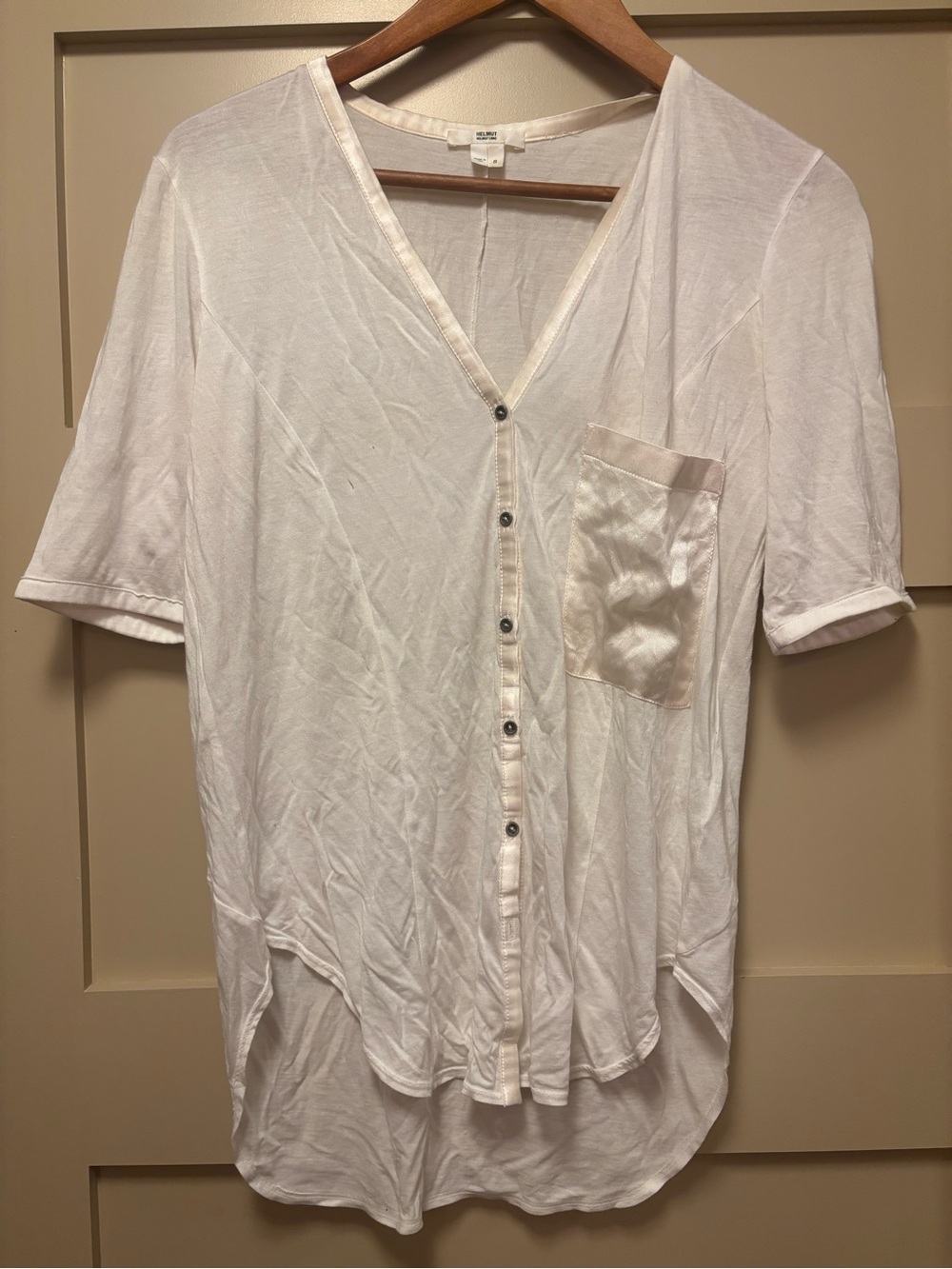 HELMUT LANG Paper Thin Pocket TShirt Button Down Silk Trim V Neck Seams Sheer